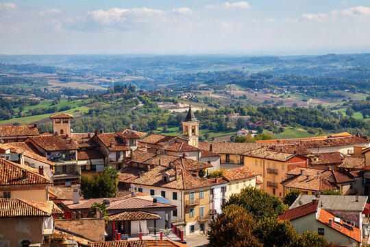 Panorama of the Monferrato hills, from the walls of the village of Cocconato (Italy, Piedmont Region, Asti Province). This area is world famous for its valuable red wines and is UNESCO Site since 2014