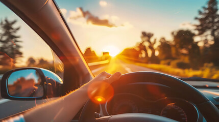 A person drives on a country road at sunset.