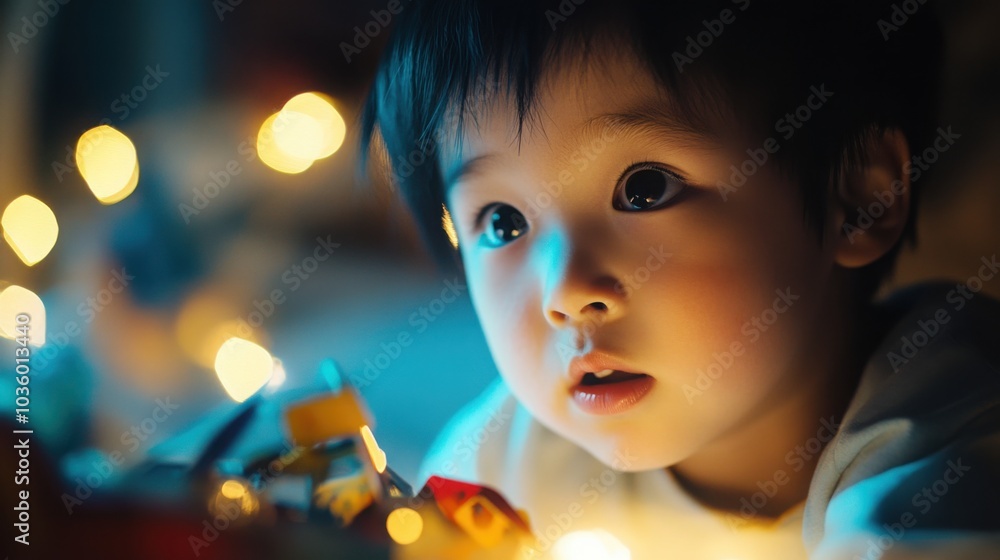 Poster a child looking at a broken toy with a confused expression, trying to understand what happened