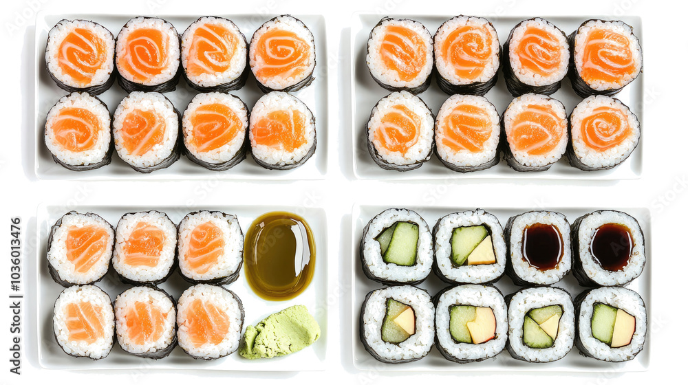 Poster top view of assorted sushi platters with wasabi and soy sauce generative ai
