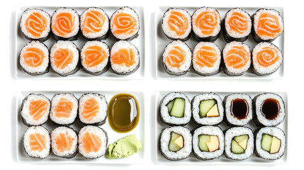 Top View of Assorted Sushi Platters With Wasabi and Soy Sauce Generative AI