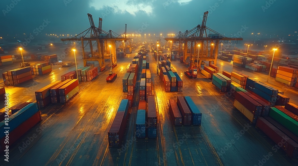 Poster the scene captures a bustling shipping port at dusk, where numerous colorful cargo containers are ar