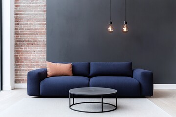 Contemporary living room with navy blue sofa, round black coffee table, pink accent pillow, exposed brick and dark accent wall, pendant lights, modern design, minimalistic decor, copy space

