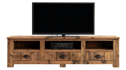 Obraz premium A rustic wood tv stand with a flat screen television on top.
