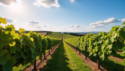 Obraz premium A sun-soaked vineyard with verdant grape vines and azure skies