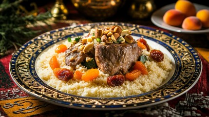 A delightful plate of Moroccan couscous with tender lamb, vegetables, and a medley of aromatic spices