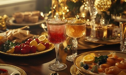New Year's Eve party table with a variety of appetizers, cocktails, and a centerpiece of golden decorations, ready for the celebration
