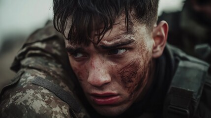 Obraz premium civilian manâ€™s face filled with inner turmoil, as a soldier grabs him by the arm