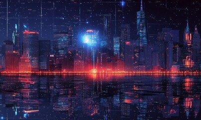 Obraz premium Night city panorama with network hologram