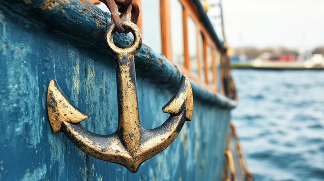Close-up of a weathered anchor on a vintage wooden boat, evoking nautical nostalgia.
