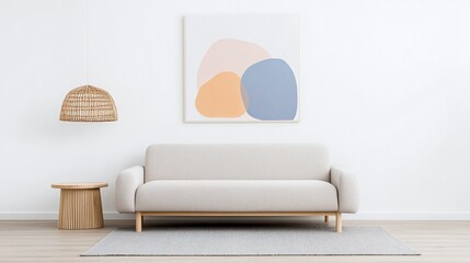 Scandinavian-inspired living room, light beige sofa, wooden side table, woven lampshade, minimalist wall art, light wood flooring, open space, soft color palette, cozy design, copy space

