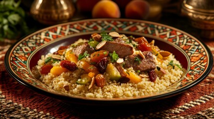 A delightful plate of Moroccan couscous with tender lamb, vegetables, and a medley of aromatic spices