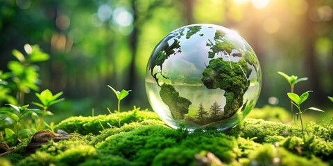 The Earth in a Glass Globe Surrounded by Lush Green Foliage, Sustainability , Nature , Ecology