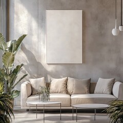 A modern living room with a large white canvas hanging on a concrete wall above a beige couch with throw pillows, a small coffee table, and two plants.