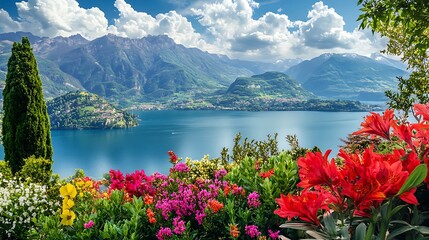 Floral landscape with calm lake and towering mountains image