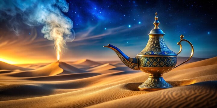 The Genie's Wish in the Desert Sands A Golden Lamp, Blue Sky, Smoke, Stars, Desert, Aladdin ,Genie