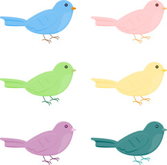Six cartoon-style birds, each in different colors, arranged in two rows.
