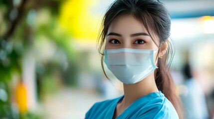 Young Asian female healthcare worker in a blue scrubs and mask, smiling gently.