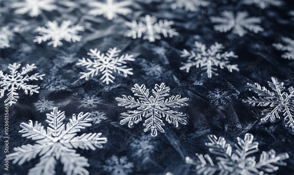 Poster sharp, angular snowflakes arranged in a repeating pattern on a festive tablecloth, creating a clean,