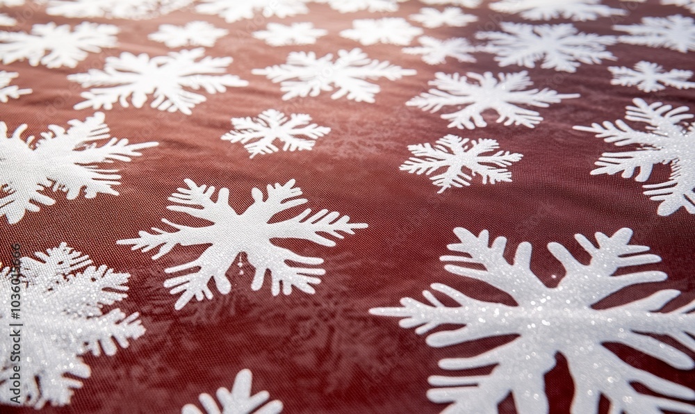 Poster sharp, angular snowflakes arranged in a repeating pattern on a festive tablecloth, creating a clean,