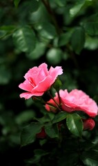 pink roses in a green garden