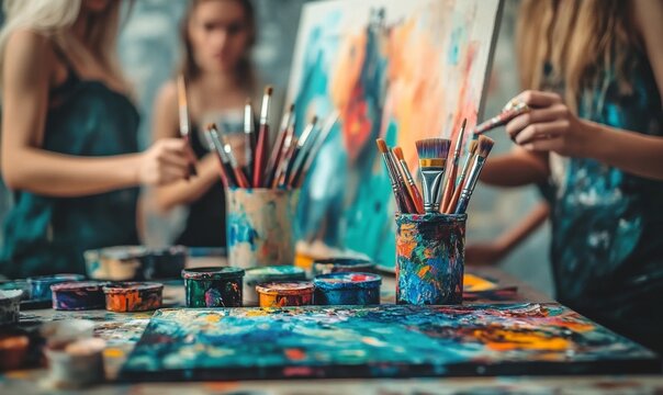 People expressing themselves doing art during an art therapy workshop, with paints, brushes, canvases. Therapeutic benefits of creativity and self-expression in mental health and emotional well-being