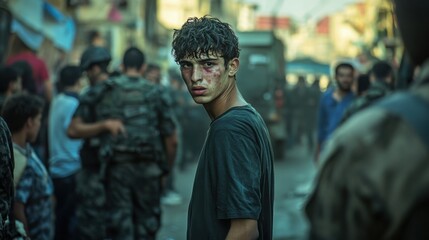 Fototapeta premium A young man standing in the middle of a crowded street