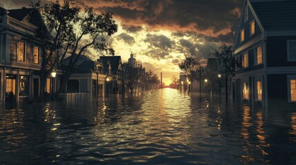 Dramatic sunset over flooded residential street with reflections after hurricane concept