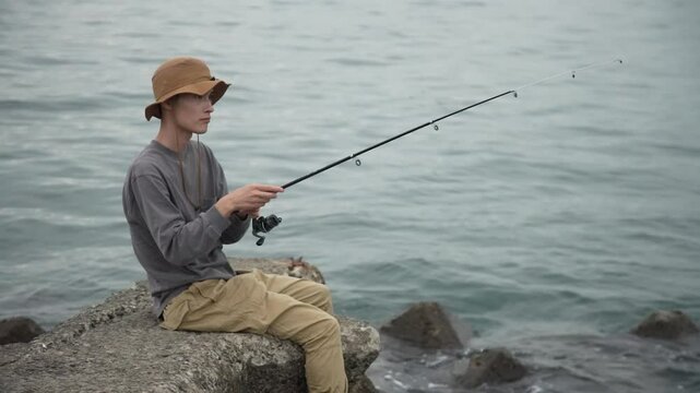 	海で釣りをする男性