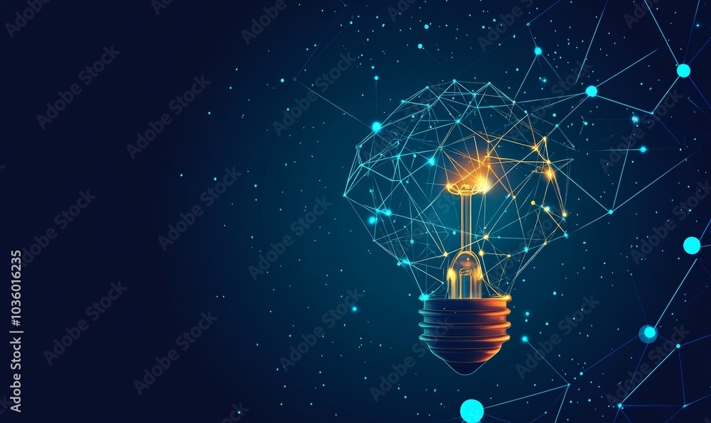Poster polygon connecting line and virtual futuristic creative idea concept with light bulb