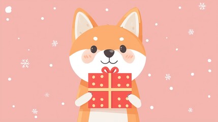   A cartoon fox holding a gift box with a red bow on its chest amidst falling snowflakes