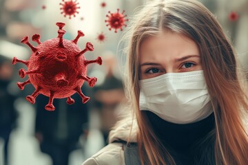 Young Caucasian woman wearing a mask with virus particles in a blurred city background.