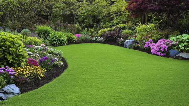 Relax in the tranquility of a resort garden filled with colorful flowers and manicured lawns