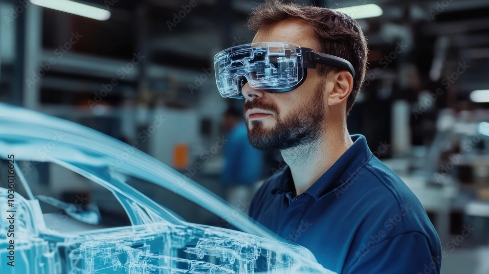 Poster engineer using augmented reality glasses for troubleshooting in a digital automobile factory