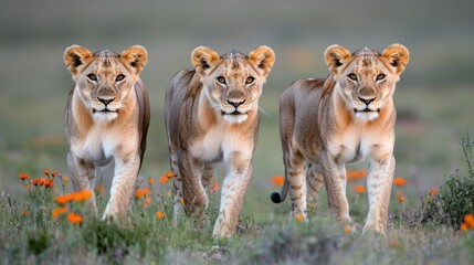 A trio of lions walking gracefully through a vibrant landscape filled with colorful flowers, showcasing nature's beauty and strength.