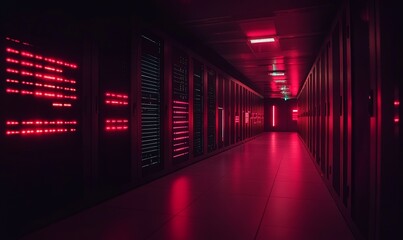 Fototapeta premium Server racks illuminated with red lights in a data technology center during operation at nighttime