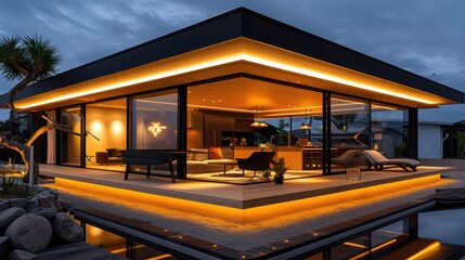 Fototapeta premium A stunning modern architectural masterpiece with an elegantly lit cube-like design featuring expansive glass walls and sophisticated outdoor seating areas