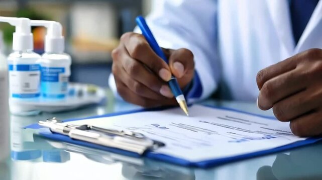 Focused doctor writing prescription in office filled with medications, prioritizing patient's health