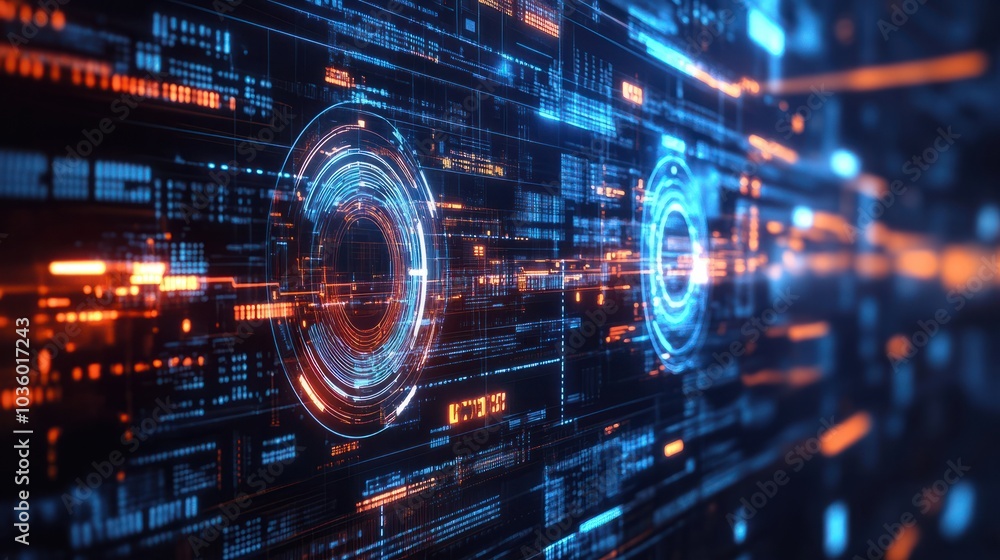 Poster futuristic digital cybersecurity shield protecting tech data network