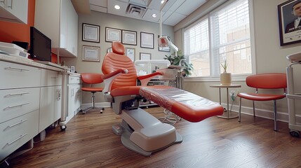 A modern and inviting dental office interior featuring a comfortable red dental chair, framed certificates on the wall, and ample natural light from large windows