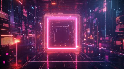 Futuristic glowing AI text in sleek digital frame surrounded by data patterns, abstract shapes, and neon highlights