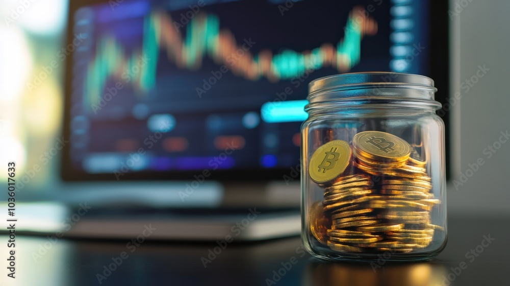 Aufkleber glass jar with bitcoin coins on blurred background of monitor with color chart of rate change on cry
