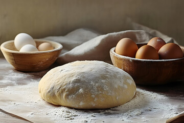 Fototapeta premium A dough is sitting on a table with a bowl of flour and a bowl of eggs. The dough is covered in flour and looks ready to be baked