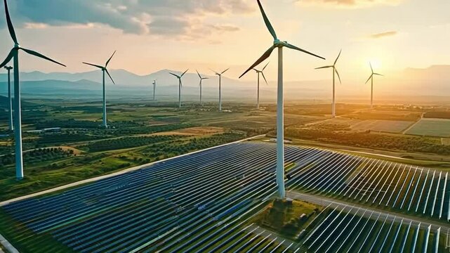 Ecology. Solar panels and wind turbines stand next to each other symbolizing the future in generating energy savings