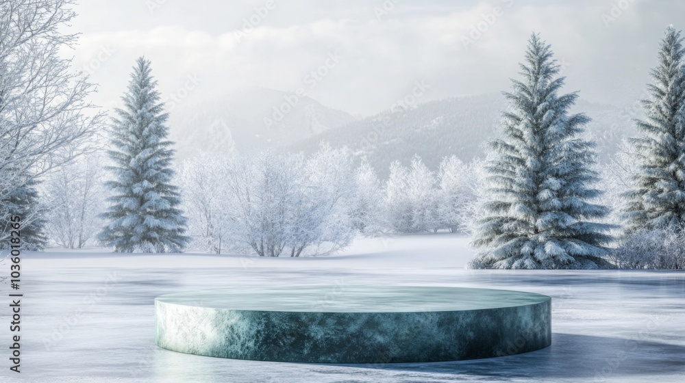 Poster a circular icy platform rests in a tranquil winter landscape, surrounded by snow-covered trees and h