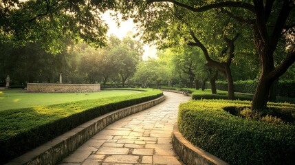 Fototapeta premium Strolling along a serene garden path surrounded by vibrant foliage in evening light
