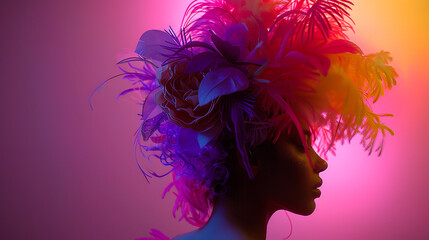 Fototapeta premium Silhouette of a woman in a colorful feather headdress, with pink and yellow lighting.