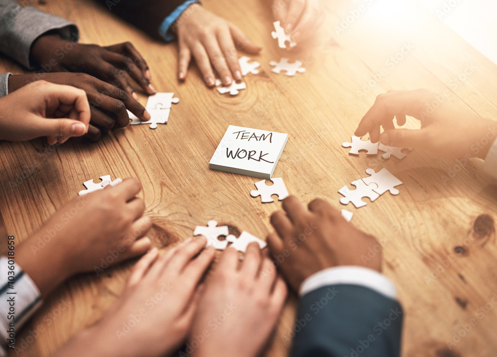 Poster teamwork, puzzle and hands of business people in collaboration in a meeting together planning strate