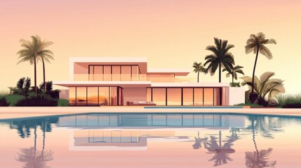 Obraz premium Illustration of modern style villa on tropical island. Golden hour color palette. Minimalistic flat style.