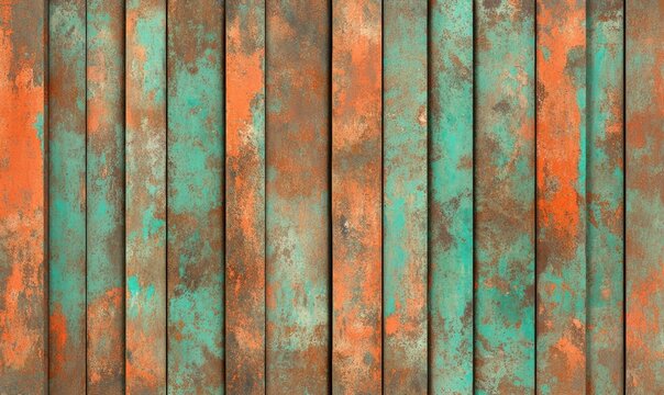 Seamless oxidized copper patina corrugated sheet metal grunge background texture. Vintage antique weathered and worn rusted bronze or brass abstract pattern